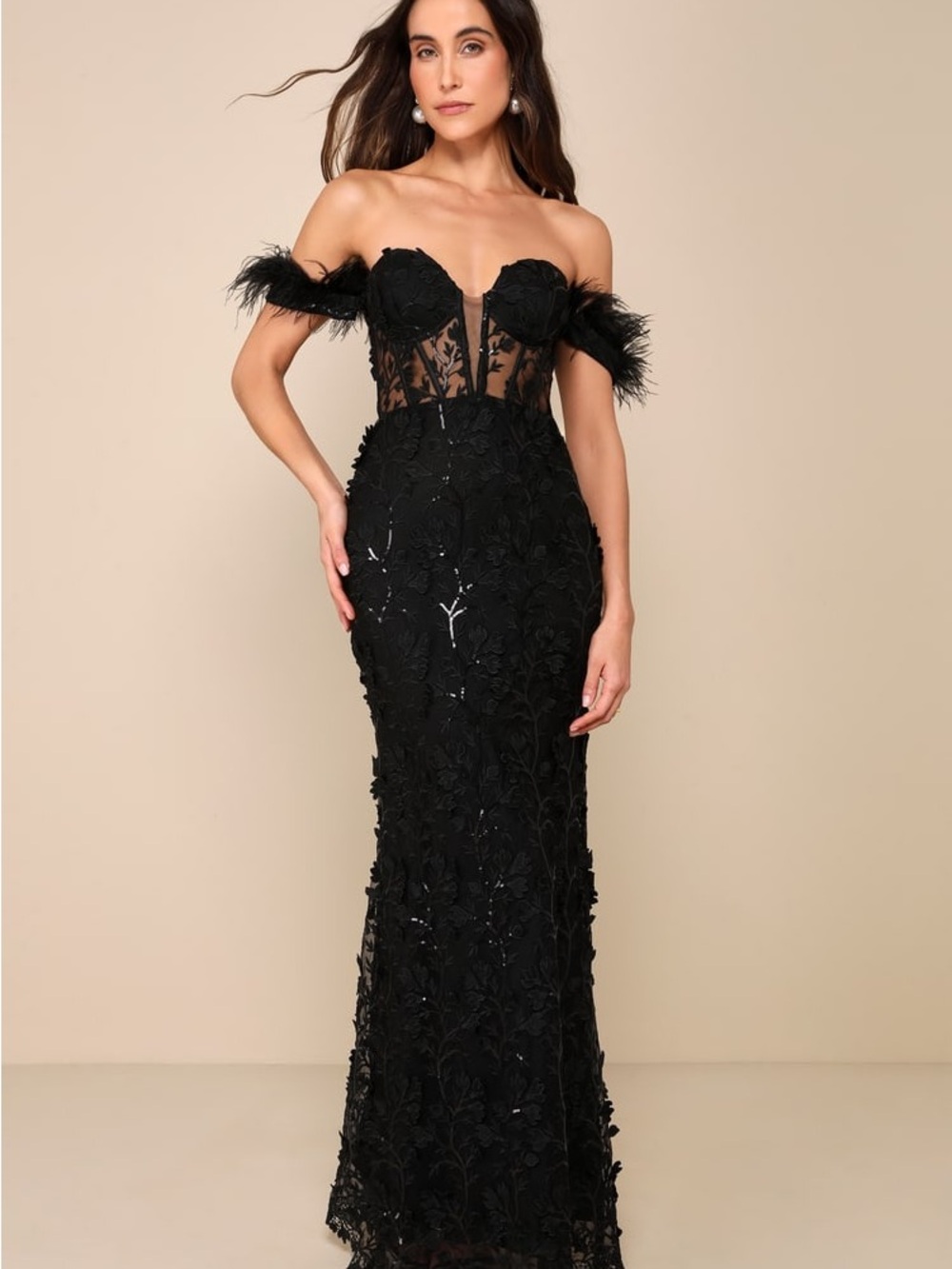 Lulus Midnight Sparkle Black Embroidered Feather Bustier Maxi Dress - S